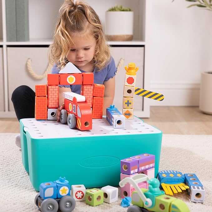 Melissa &amp Doug Blockables™ Deluxe City Snap and Play Mix and Match Connectable Wooden Building Blocks Set with Storage Bin and Play Lid (122 Pcs) Ages 2 to 7- FSC Certified
