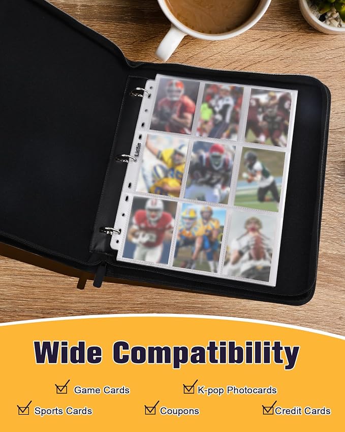 Football Card Binder 9 Pocket Football Card Holder 3 Ring Binder with Zipper 810 Pockets Portable Collector Album for Sports Cards Game Cards TCG MTG 2025-2026