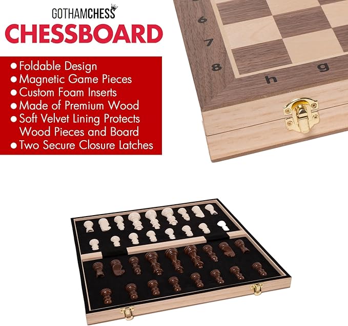 GothamChess Board | Foldable &amp Portable Magnetic Chess Pieces Organized Fitted Storage Includes Course by International Master Levy Rozman Game for Families &amp Adults | 15.75 x 15.75