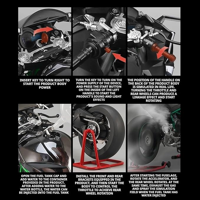 1/6 Scale H2R Alloy Diecast Motorcycle with Sound &amp Light Features High Gloss Spray Finish Rubber Tires Premium Collectible Gift (Black H2R)