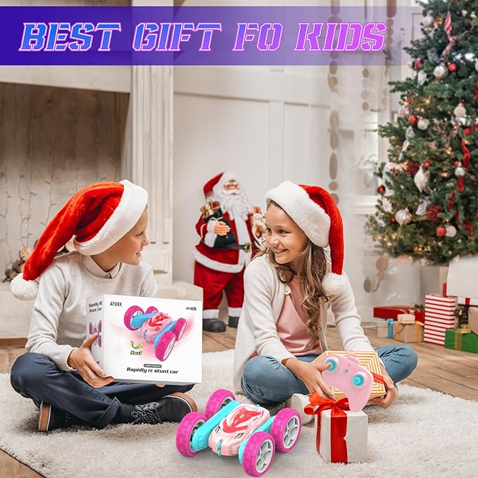 RC Stunt Cars Remote Control Car Double Sided 360° Flip Rotating 4WD 2.4Ghz Rechargeable Car Toy with Headlights For Outdoor &amp Indoor for 6-12 years old Kids Girls Boys Birthday Xmas Gift Pink