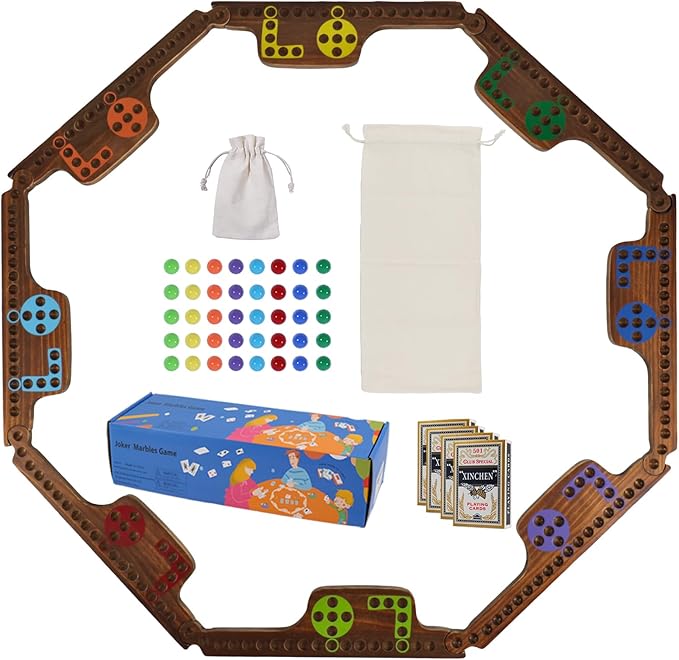 Portable Multiplayer Game Vintage Colors Wooden Jokers and Marbles Board Game for 2-8 Players Pegs and Jokers Card Game Board with 8 Game Boards 4 Decks of Cards 40 Marbles (Burnt Color)