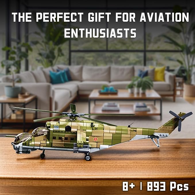 MI-24 Attack Helicopter Building Set - 893 PCS 1:30 Scale Military Gunship Model Battle Brick WW2 Army Toy Set with 3 Toy Soldiers