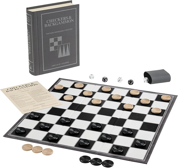 Checkers and Backgammon Vintage Bookshelf Edition by WS Game Company Linen Wrapped Book Box &amp Slipcase - Reversible Board Wooden Pieces - Checkers and Backgammon Sets for Adults &amp Kids Ages