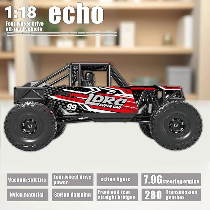LDRC 18499 RC Climbing Car 1/18 Full Proportion Rc Offroad 4x4 Crawler Pipe Rack Vehicle Cars Model RTR (Red)