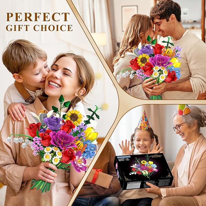 Flower Bouquet Building Set Easter 18 Flowers Rose Building Block Botanical Collection Building Block Toy Plant Home Decor 1015 PCS Gift for Her Adults Women Kids Boys Girls 12+