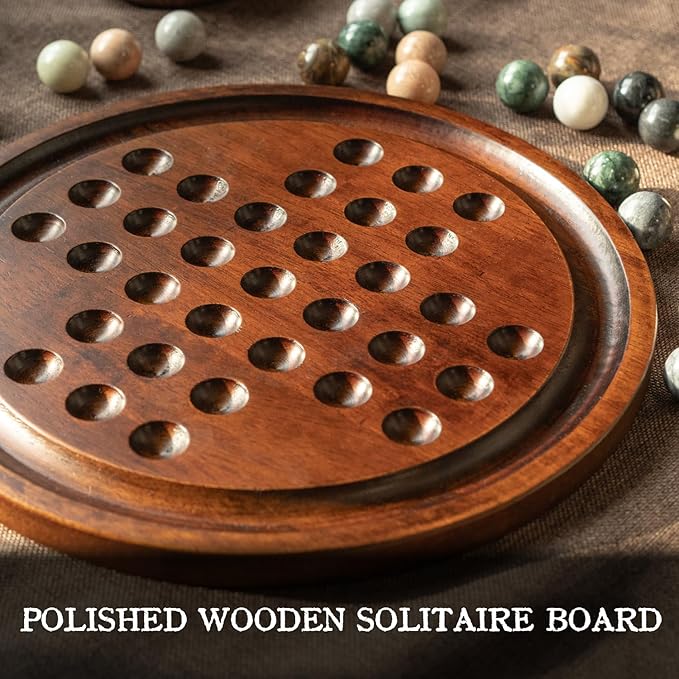 Deluxe Solitaire Game Set: 12.6'' Solid Wooden Board 32 Natural Marble Balls Single-Player Strategy and Smart Games