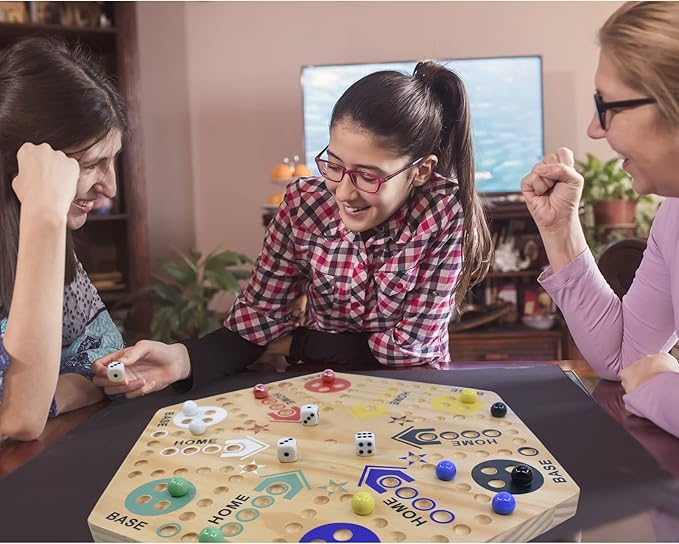 20 Wooden Wahoo Board Game Double-Sided for 4 or 6 Players Fast Track Board Game Original Marble Game Set with 36 Marbles 8 Dice for Family Night Parties and Adult Gifting