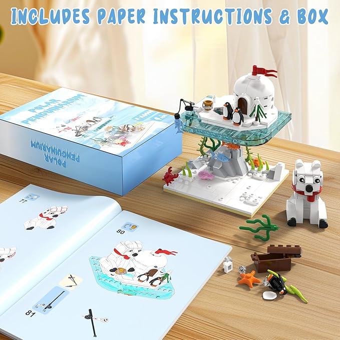 Christmas Polar Bear and Penguin Building Set Sea Animals Building Kit Winter Village Includes Igloo Fish Crab Sea Animals Brithday Gift for Boys Girls Aged 8+ (286Pcs)