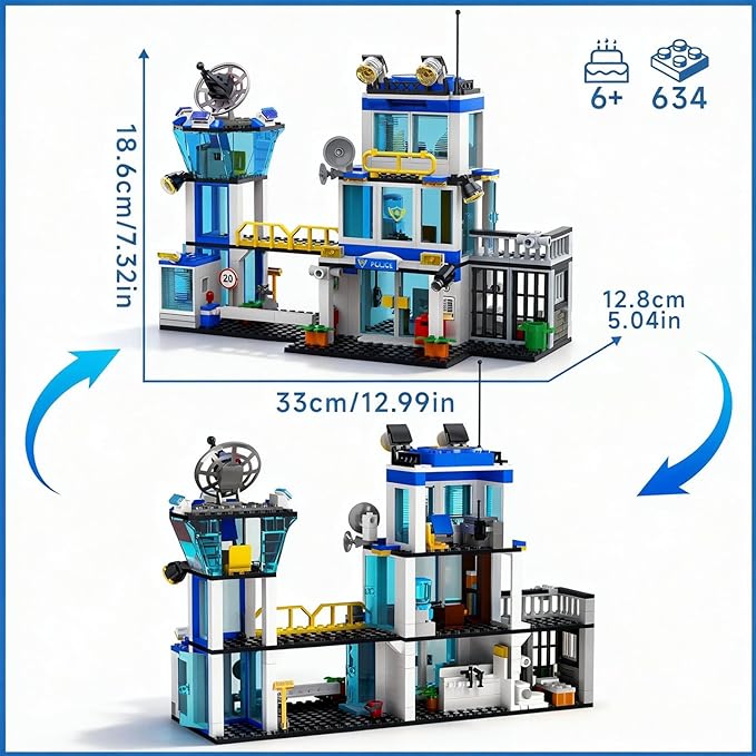 City Police Station Building Block Set with Light 634 PCS HQ Station Kits with Helicopter Police Car and Motorcycle. Ideal as a Birthday Holiday Collectible Gift for 6+ Fans Boys and Girls
