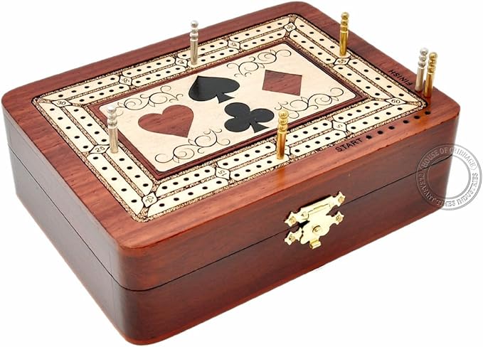 House of Cribbage - 2 Track - Wooden Cribbage Board/Box - Inlaid in Bloodwood/Maple Wood - Storage for Pegs &amp One Deck of Cards - 60 Points - Non Continuous