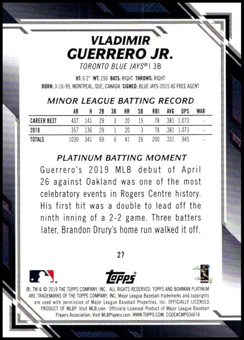 2019 Bowman Platinum Rookie Short Prints Baseball #27 Vladimir Guerrero Jr. SP Short Print Toronto Blue Jays Official Retail Exclusive Trading Card From Topps in Raw (NM or Better) Condition