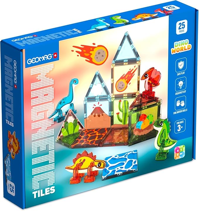 Magnetic Tiles for Kids Ages 4-8 25 Piece Dinosaur Building Blocks Set with T-Rex &amp Stegosaurus Magnet Toys for Toddlers &amp Preschoolers - Educational Construction Toy Magnetic Building Sets