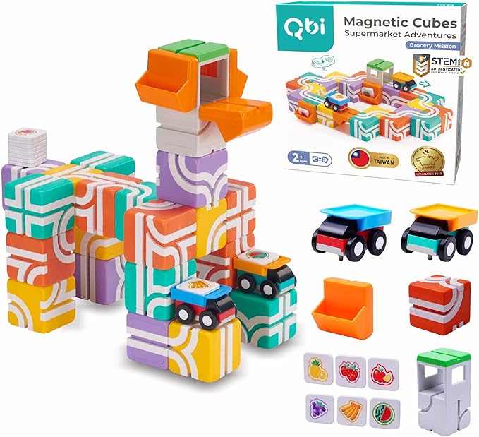 QBI Magnetic Blocks for Toddlers Ages 2-4｜STEM Magnetic Building Blocks with Trucks &amp Fruit Tiles｜Montessori Magnet Building Cubes for Kids｜Educational Gifts for Boys &amp Girls Ages 2+ (32PCS)