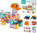 QBI Magnetic Blocks for Toddlers Ages 2-4｜STEM Magnetic Building Blocks with Trucks &amp Fruit Tiles｜Montessori Magnet Building Cubes for Kids｜Educational Gifts for Boys &amp Girls Ages 2+ (32PCS)