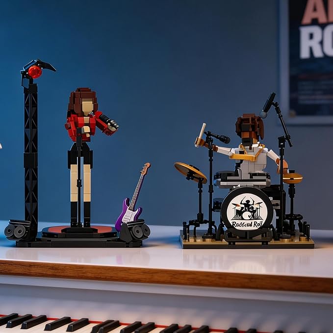 Dynamic Drummer Building Kit - 428-Piece Rock Concert Stage with Poseable Figure &amp Adjustable Drum Set Adult Collectible Model for Music Lovers Home Office Desk Decor Ages 14+