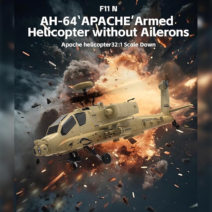 YU Xiang F11-N AH64 Apache RC Helicopter 1/32 Scale 2.4G 6CH Dual Rotor 6G/3D RC Helicopter with Optical Flow Altitude Hold and One Click Descent Aircraft for Beginner (RTF Version)