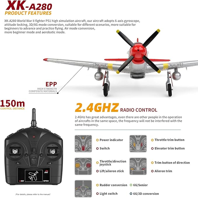 Large 560MM P51 P-51D Mustang Remote Control Combat Aircraft 4CH XK A280 3D/6G Aerobatic LED Brushless RC Aircraft Full-Function for Professional Players (1-Battery)