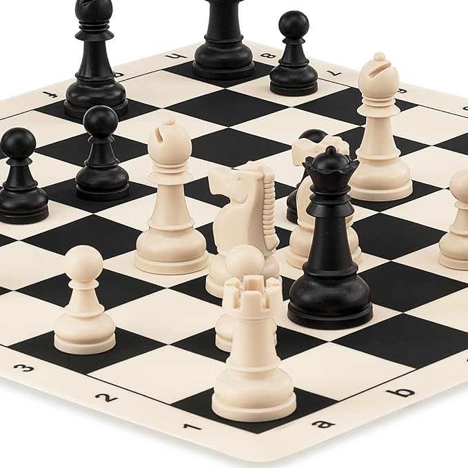 A&ampA Chess Set - 15''x15'' Foldable Silicone Chessboard and 3.25'' King Height Weighted Plastic Staunton Pieces with Carrying Case for Portable Travel