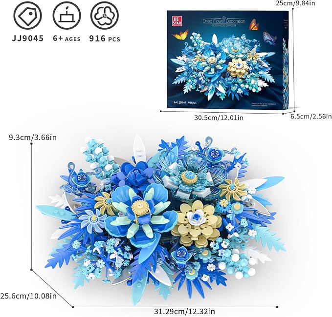 Blue Flowers Bouquet Building Sets Artificial Flower Botanical Collection Home Decor Office Wall Art Plant Decoration Building Toys Gifts for Adults Women and Kids Girls Age 8-12 (917 PCS)