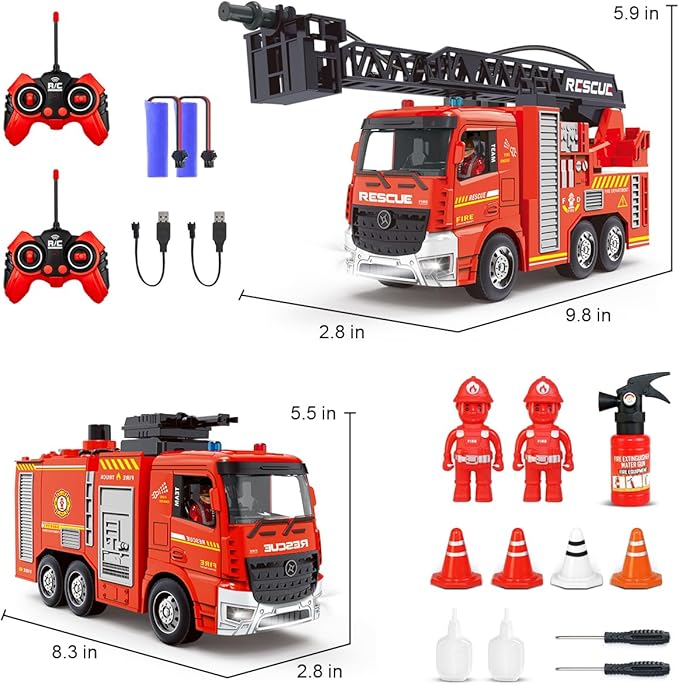 Remote Control Fire Truck RC Fire Truck Toy Set 2 Firetruck with Fire Extinguisher 2 Dolls 4 Traffic Cones Lights Sounds Extendable Rescue Ladder Firetruck Toy for Boys Kids