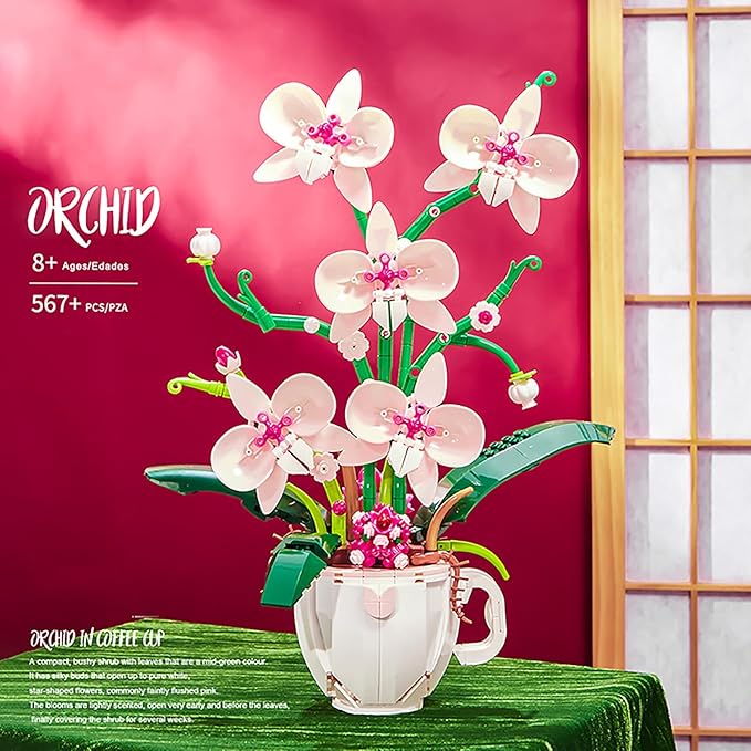 Pink Orchid Flower Building Set for Adults Coffee Cup Orchid Botanical Collection Plant Building Kit Home and Office Decor Gift for Christmas Day Valentines Birthday 567pcs
