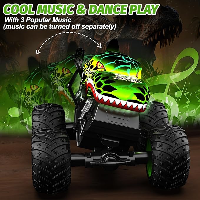 Gohero Monster Truck Toys for Kids 1:20 Dinosaur Toys RC Car Truck with 360° Spins &amp Drifting 2.4GHz All-Terrain Monster Trucks for Boys Age 4-7 | with LED Light Music &amp 2 Rechargeable Batt