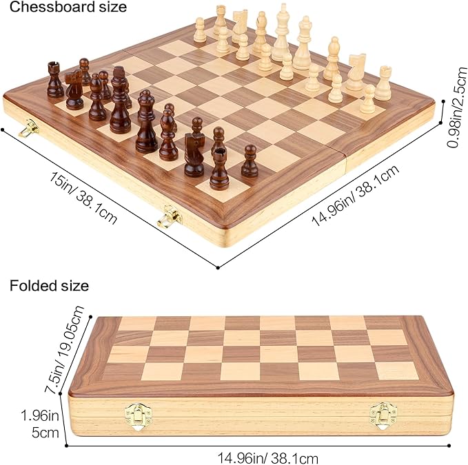 15 Inch Magnetic Wooden Chess Game Set Classic Folding Board Games with Felted Game Board Interior for Storage 2 Extra Queens Pieces Storage Slots