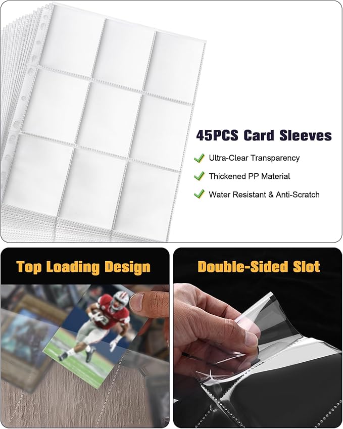 Football Card Binder 9 Pocket Football Card Holder 3 Ring Binder with Zipper 810 Pockets Portable Collector Album for Sports Cards Game Cards TCG MTG 2025-2026