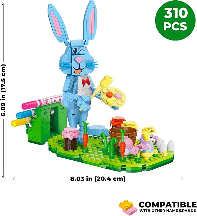 Brickcraft Bricktanicals Bunny Artist Building Brick Set - 310 Piece Easter Rabbit Kit with 4 Color Markers Egg Decorating Spring Decor Display Kids Arts Crafts Activity Ages 8+ Gift for Boys Girls