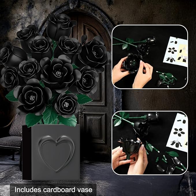 Black Rose Bouquet Building Set Rotatable Control for Flowering Flowers Botanical Christmas Valentine's Day Gifts for Adults - Gothic Home Office Table Bookshelf Decor