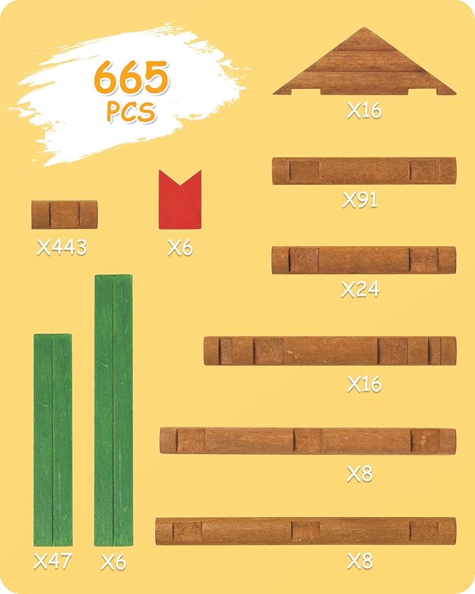 SainSmart Jr. 665 PCS Wooden Log Cabin Set Building House Toy for Toddlers Classical STEM Construction Kit Compatible with Lincoln Logs for 3+ Kids