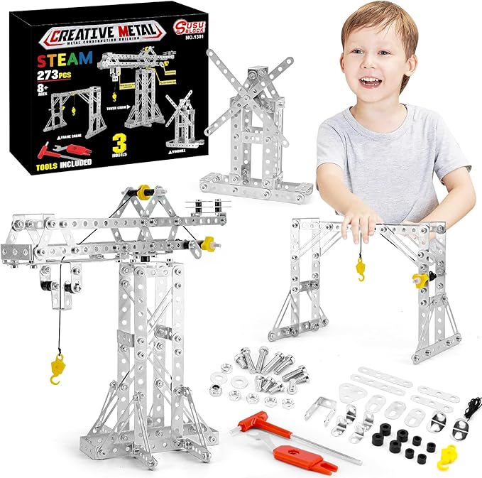 Building Toys Model Set 273PCS - Tower Crane Frame Crane &amp Windmill 3 in 1 Metal Kit DIY Building STEM Projects Educational Assembly Metal Toys