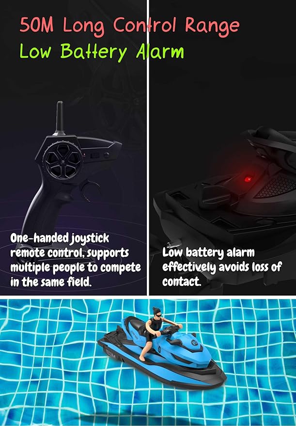 2.4 GHz RC Motorboat Dual-Motor 10 km/h High-Speed Electric Racing Jet Ski Toy 50 m Control Range 20 min Play Low-Battery Alarm Distachable Driver Figure for Kids &amp Adults (Blue)