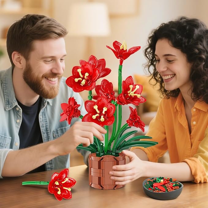 Amaryllis Flowers Bonsai Building Set Easter Botanical Collection Building Block Artificial Plant Kit Home Decor 503 PCS Flower Bouquet Bonsai for Her Adults Kids Boys Girls 12+