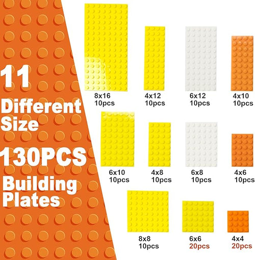 130 Pieces Classic Building Plate 3 Color with 11 Size Building Plate Base Plate Compatible with Lego Parts and Pieces for Most Brands (White Yellow Orange)