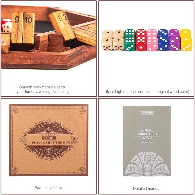 AMEROUS Upgraded 1-6 Players Shut The Box Dice Game Wooden Board Table Math Game with 16 Dice for Kids Adults Family Classroom Home Party or Pub