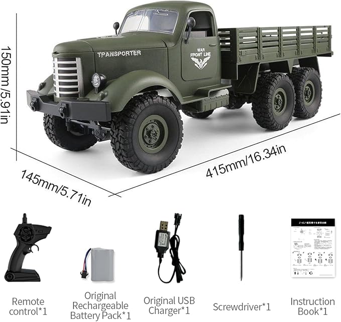 GoolRC RC Military Truck 1:16 Scale Remote Control Car 6WD RC Army Car All Terrain Off-Road RC Truck 2.4GHz Electric Military Transporter Vehicle with Headlights 2 Batteries for Adults