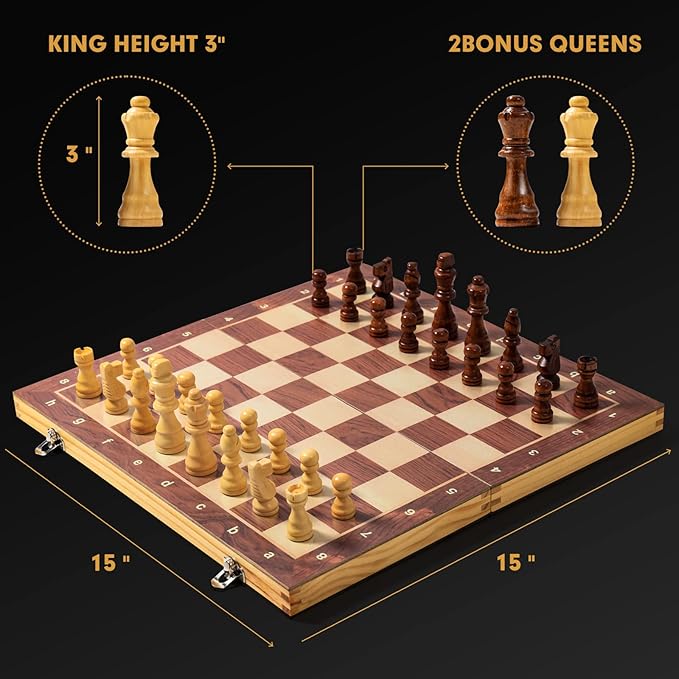 15 x 15 Magnetic Wooden Folding Chess Set with 2 Extra Queens Handmade Game Board Interior for Storage for Adult Kids Beginner Large Chess Board