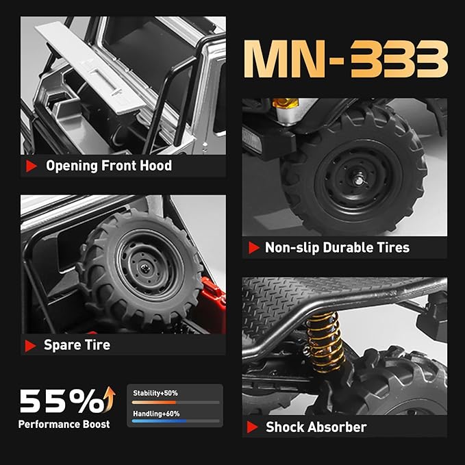 MN-333 1/18 Semi-Truck RC Crawler Unimog U4000 4WD Full Scale Off Road RC Rock Crawler 4x4 RC Car RTF Alloy Climing Vehicle for Hobby Gifts
