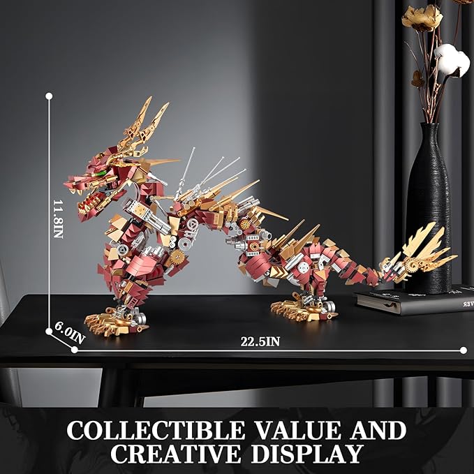 HIGH GODO Dragon Building Blocks Sets for Adults Red Mechanical Dragon Animal Building Model Collectible Display Toys Cool Toys Gifts for Fans Teens 14+ (1596 Pieces)