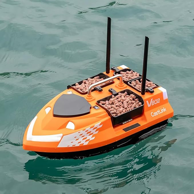 RC Bait Boat for Fishing with 4 Bait Containers 1640FT Remote Range Line Drop Cruise Control Dual 5200mAh Batteries LED Lights Hook Release &amp Carry Bag (Orange)