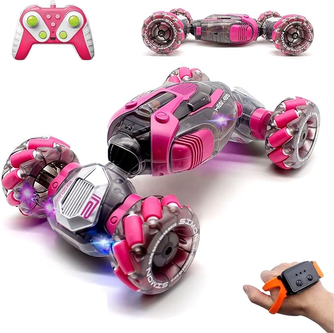 Gesture Sensing RC Stunt Car Remote Control Toys for Kids Age 6 7 8 9 10 11 12 13 Year Old for Boys Girls Birthday Xmas Gifts 4WD Hand Controlled RC Drift Car with Lights Music (Pink)