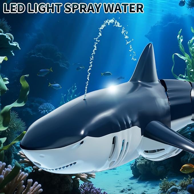 2.4GHz Remote Control Shark Toys for Boys1:18 Scale High Simulation Shark Toys with Light &amp Spray RC Sharks for Pools &amp Lakes Toy Shark Boat Gift for 4 5 6 7 8 9 Year Old Kids Boys Girls