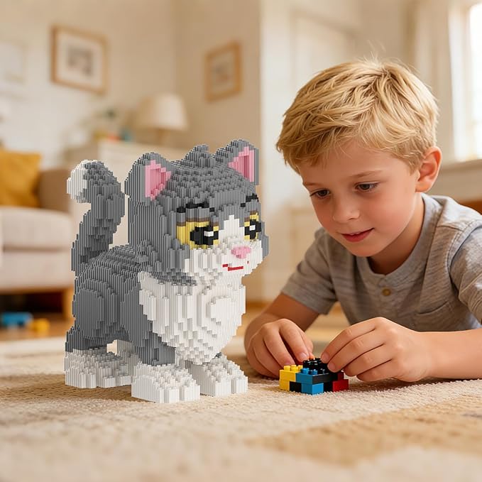Cat Building Blocks with Organizer Bins | Grey | Micro 3D Animal Building Blocks | 3000PCS | Gift for Adults and Kids | Home &amp Office Decor | RQ8888