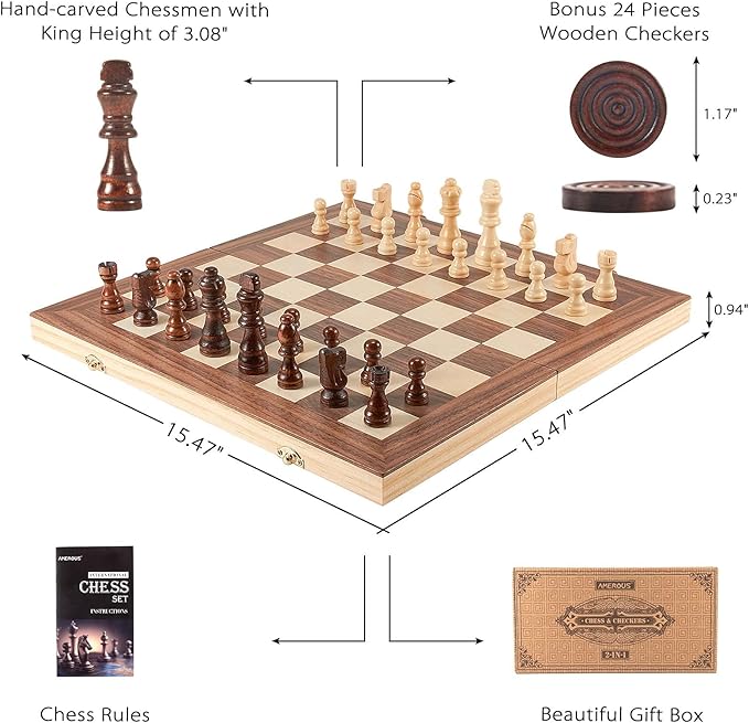 AMEROUS 15'' Wooden Chess &amp Checkers Set 2 in 1 Board Games -2 Extra Queens -24 Cherkers Pieces - Gift Box Packed - Chessmen Storage Slots Beginner Chess Set for Kids and Adults