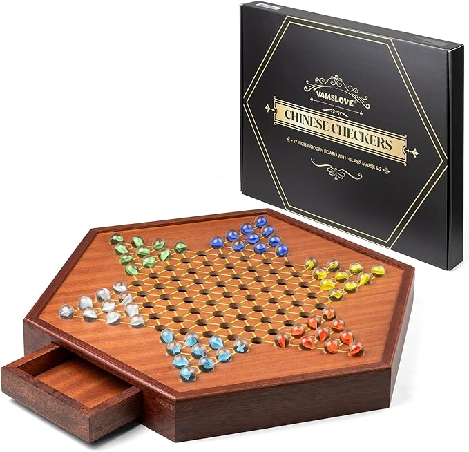 VAMSLOVE Large 17 Chinese Checkers Board Game for 2-6 Player Wooden Game Board 16mm 60+12 Colorful Glass Marbles Easy Grasping for Adults and Kids w/Storage Drawer Fun for Family Gathering