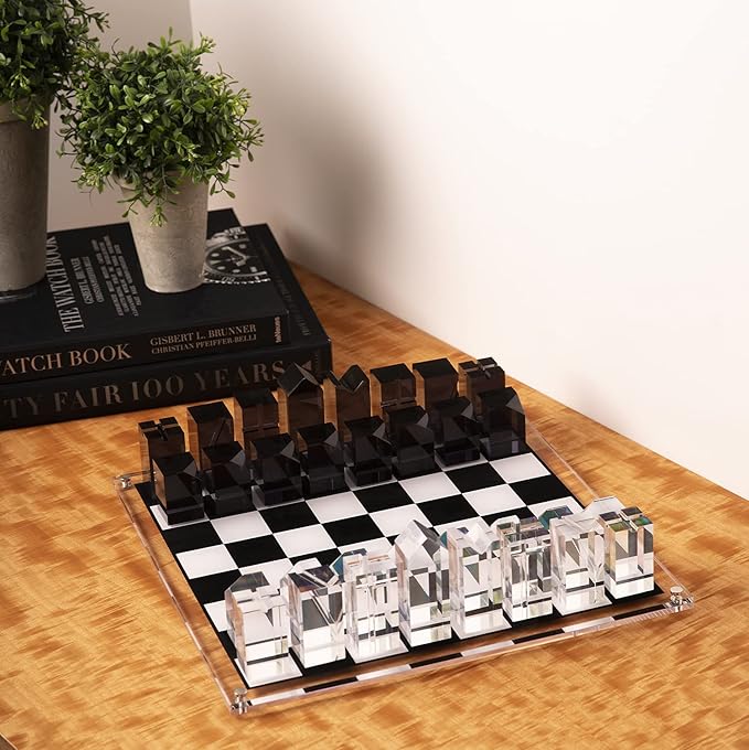 Bey-Berk Dom Acrylic Chess Set 28-Piece Black and Clear Lucite Pieces with 14 x 14 Board Architectural Modern Showpiece
