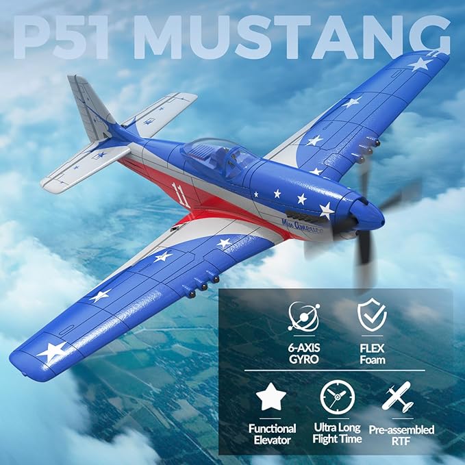 P51 Mustang RC Plane 4 Channel - 2.4G Remote Control Airplane for Adults with 3 Flight Modes to Learn RTF RC Airplane with X-Pilot Stabilization &amp One-Key Aerobatics for Beginners