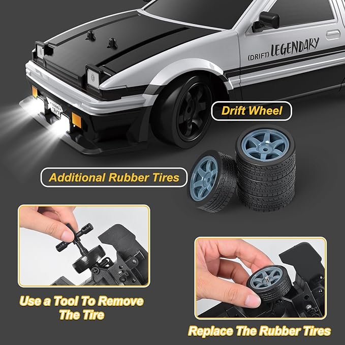 Mostop RC Drift Car 1:16 2.4Ghz Remote Control Drift Car with LED Light Spray 2 Batteries and Extra Tires 18KM/H High Speed Drifting RC Cars 4WD Hobby RC Sport Racing Cars Model Vehicle for Kids
